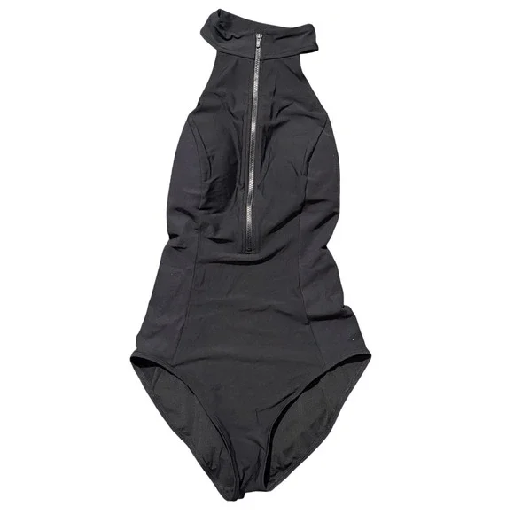 Athleta Bonaire Black High Neck Zip Front Sleek One Piece Bathing Suit - Picture 2 of 6